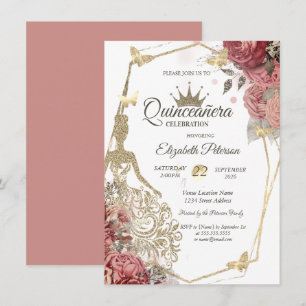 Convites Vestido Lantejoulas, Rosas Beijo de Borboleta Quin