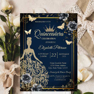 Convites Vestido Lantejoulas, Rosas Borboleta Azul MarinhoQ
