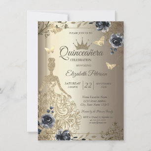 Convites Vestido Lantejoulas, Rosas Borboleta Dourado Quinc
