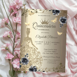 Convites Vestido Lantejoulas, Rosas Borboleta Dourado Quinc