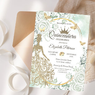 Convites Vestido Lantejoulas, Rosas Borboleta Verde Quincea