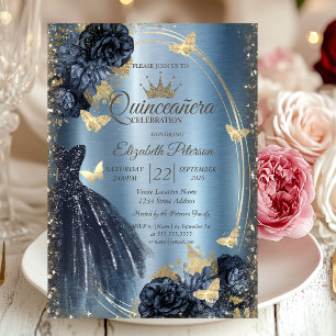 Convites Vestido Lantejoulas, Rosas, Borboletas Azul Metáli