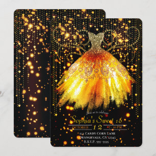 Convites Vestido Laranja Outonal Preto com Glitter Dourado 