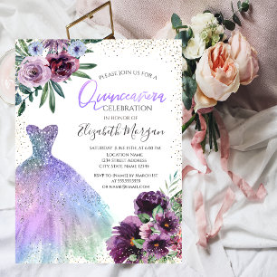 Convites Vestido Legal, Flores Violeta Confete Quinceañera