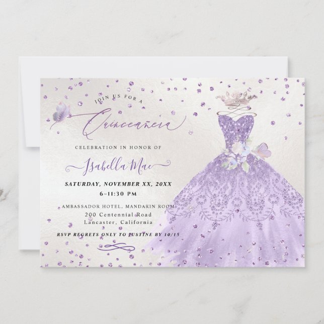 Convites Vestido Lilás Roxo com Glitter para Quinceanera (Frente)