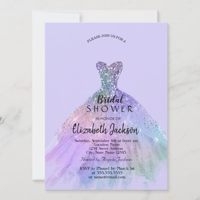 Convites Vestido Lindo com Brilho Lavanda para Chá de Noiva (Frente)