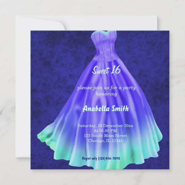 Convites Vestido longo Doce 16 (Azul) (Frente)
