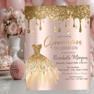 Convites Vestido Luxuoso com Pingentes Dourados Quinceañera