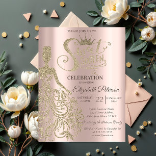 Convites Vestido Luxuoso Dourado Brilho Rosa Dourado Sweet