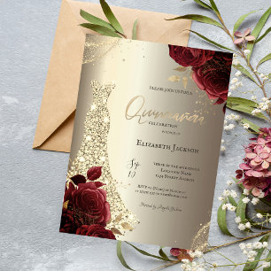 Convites Vestido Luxuoso Elegante Rosas Vermelhas Quinceañe