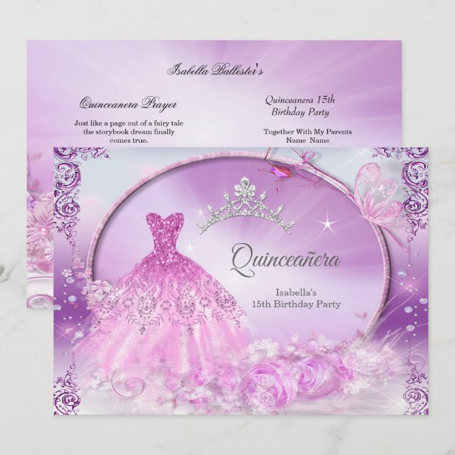 Convites Vestido Mágico Quinceanera Princesa Roxa (Frente/Verso)