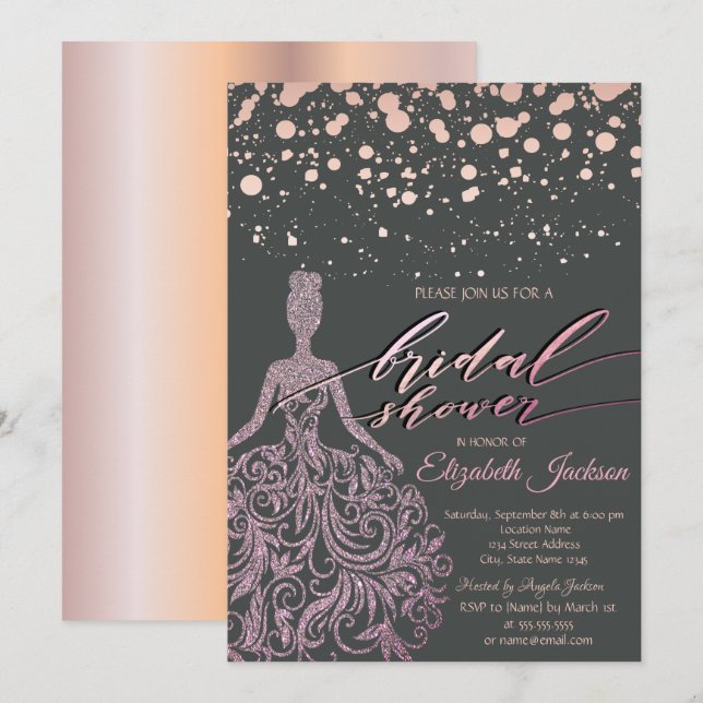 Convites Vestido Moderno com Glitter Dourado Rosa Pontos Ch (Frente/Verso)