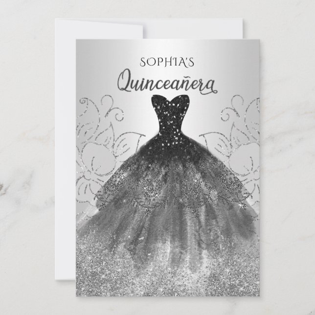 Convites Vestido Negra Silver Sparkasse Quinceañera Quince (Frente)