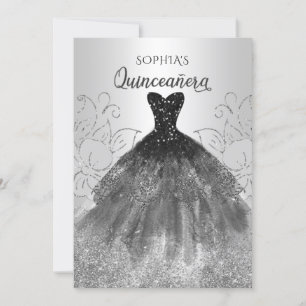 Convites Vestido Negra Silver Sparkasse Quinceañera Quince