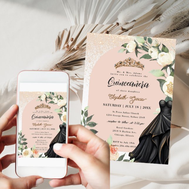 Convites Vestido Negro Dourado Branco Quinceanera Aniversár (Criador carregado)