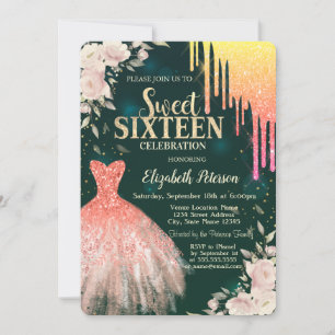 Convites Vestido Ombre Glitter Drips,Floral Verde Sweet 16
