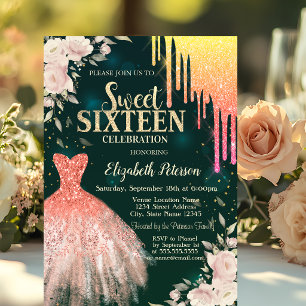 Convites Vestido Ombre Glitter Drips,Floral Verde Sweet 16
