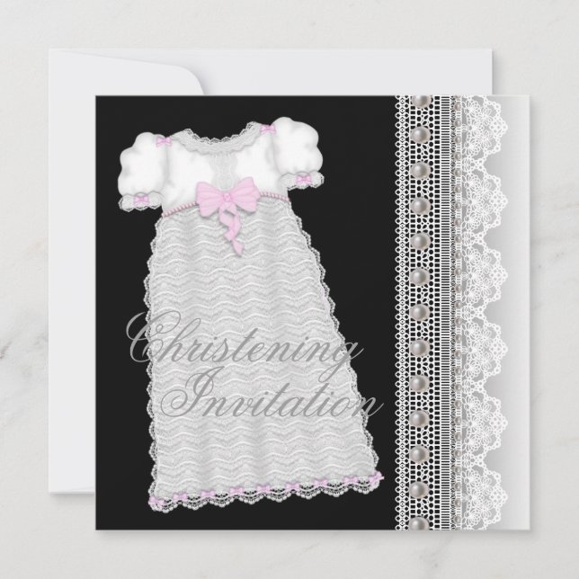 Convites Vestido Pérolas Bebê Menina Rosa Preto Batizado (Frente)