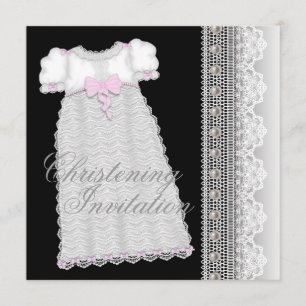 Convites Vestido Pérolas Bebê Menina Rosa Preto Batizado