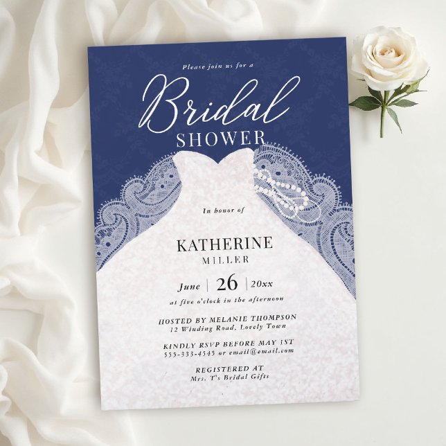 Convites Vestido Pérolas de Renda Azul Marinho Chuveiro de  (lace bridal shower theme navy blue white elegant dress pearls modern calligraphy classy chic)