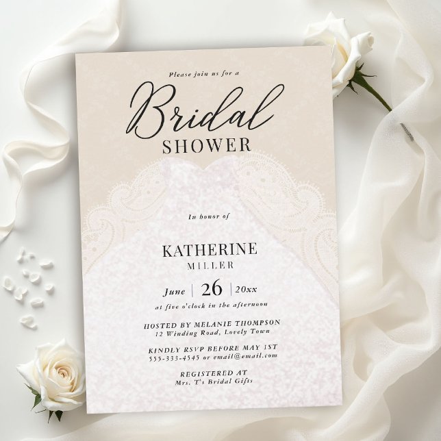 Convites Vestido Pérolas de Renda Ecru Bege Elegante Chá de (lace bridal shower theme ecru beige white elegant dress pearls modern calligraphy classy invitation)