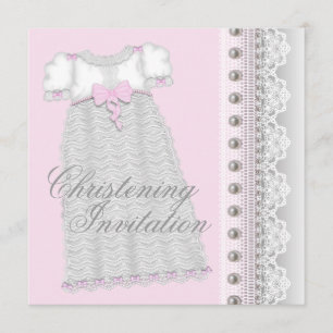 Convites Vestido Pérolas Prateadas Menina Bebê Rosa Batizad