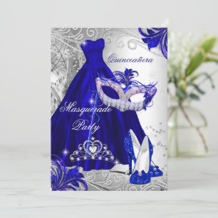 Convites Vestido Prata Azul máscara Quinceanera Tiara