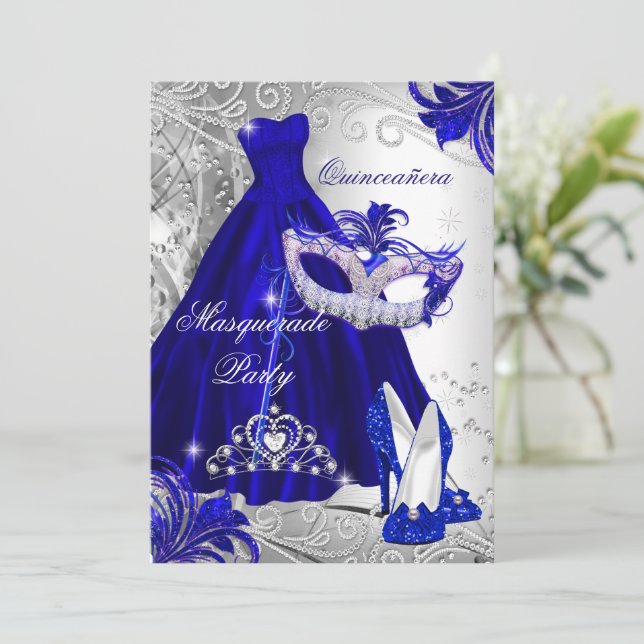 Convites Vestido Prata Azul máscara Quinceanera Tiara (Em pé/Frente)