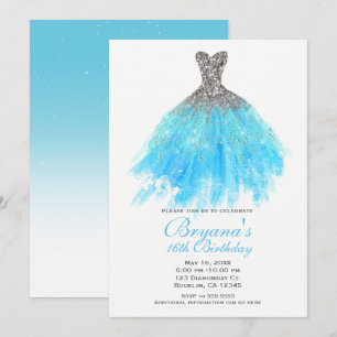 Convites Vestido Prata Brilho Azul Água Glam Sweet 16 Festa