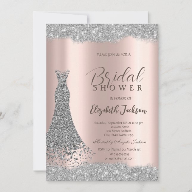 Convites Vestido Prata Brilho Quadro Rose Gold  (Frente)