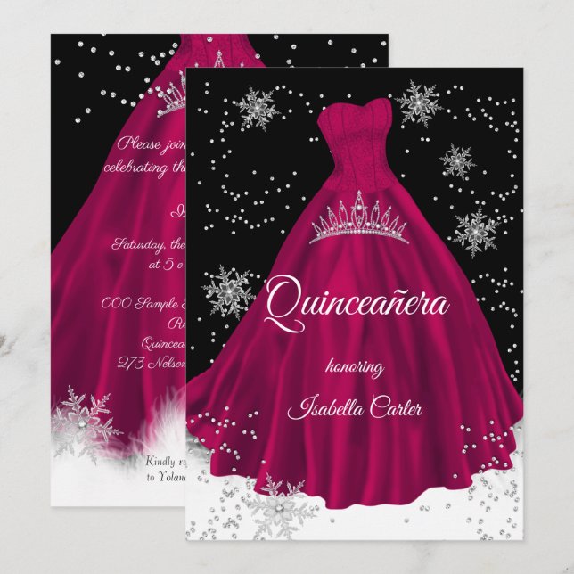 Convites Vestido Prata com flocos de neve rosa Borgonha par (Frente/Verso)