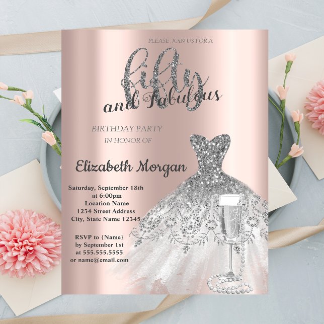 Convites Vestido Prata Prosecco Pérolas 50º Aniversário (Criador carregado)