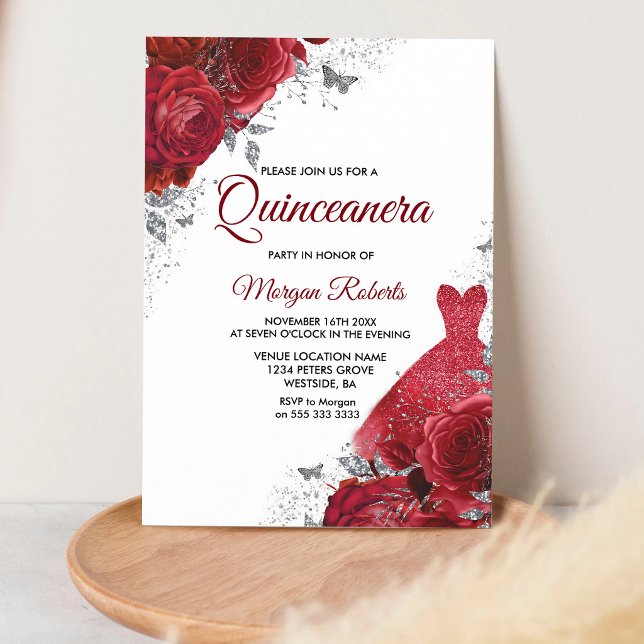 Convites Vestido Prata Rosas Vermelhas Quinceanera (Criador carregado)