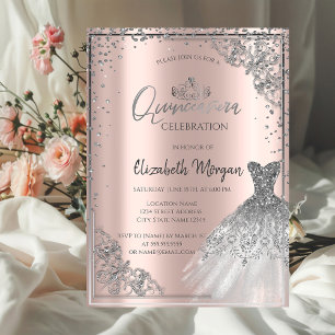 Convites Vestido Prata Tiara, Diamantes Rosa Dourado Quince