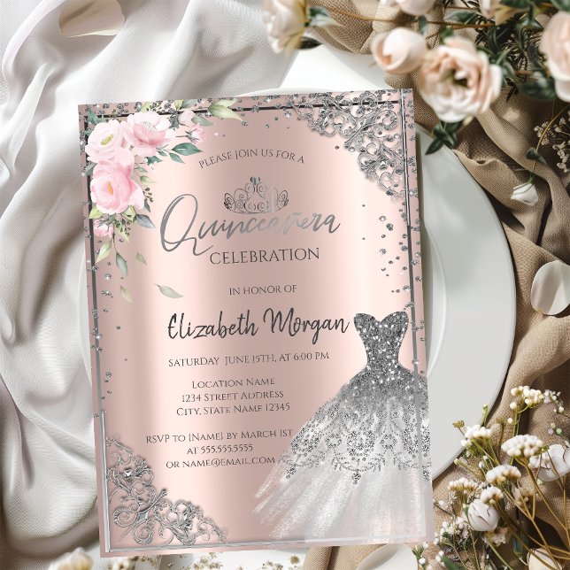 Convites Vestido Prata Tiara, Flores Rosa Dourado Quinceañe (Criador carregado)