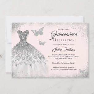 Convites Vestido Prateado Brilho Blush Borboleta Quinceaner