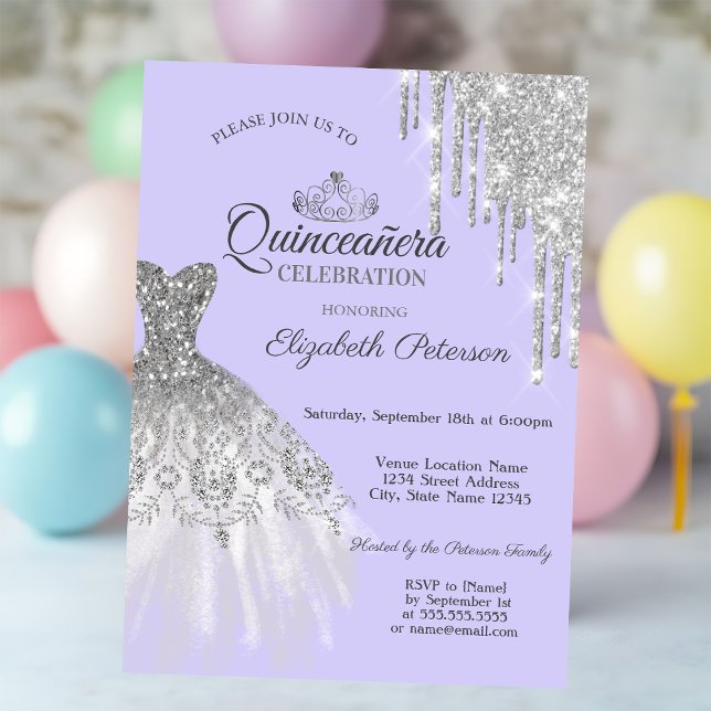 Convites Vestido Prateado com Lantejoulas, Gotas  Quinceañe (Criador carregado)