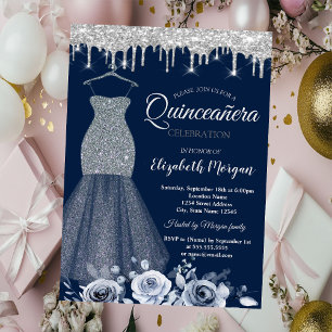 Convites Vestido Prateado com Lantejoulas, Gotas Rosas Quin