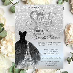 Convites Vestido Preto Bokeh Prata Torre Eiffel Sweet 16