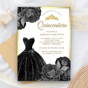 Convites Vestido Preto Brilhante Rosas Cinza Dourado Quince