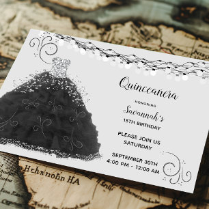 Convites Vestido Preto de Princesa Quinceanera com Luzes de