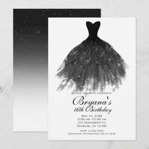 Convites Vestido Preto e Branco Elegante Glam Sweet 16 Fest