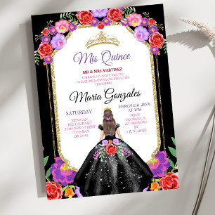 Convites Vestido Preto Mis Quince 15 Anos Mexicano Floral D