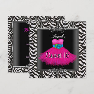 Convites Vestido Preto Pink Zebra  Sweet Sixteen 16 Anivers