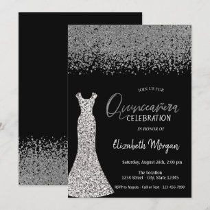 Convites Vestido Preto Quinceañera com Diamantes Prateados