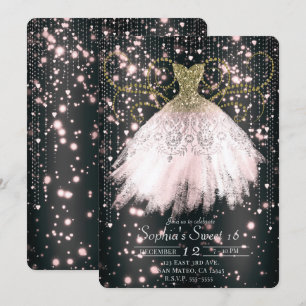 Convites Vestido Preto Rosa Dourado com Lantejoulas Festa d