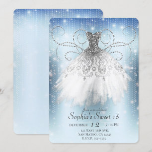 Convites Vestido Princesa Azul Branco Prata Festa Sweet 16