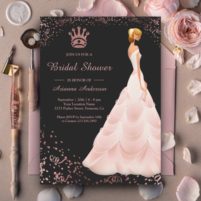 Convites Vestido Princesa Rose Gold Chuveiro de Noiva Cinza (Criador carregado)