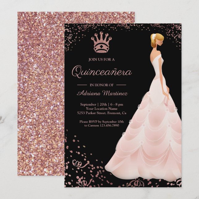 Convites Vestido Princesa Rose Gold Preto Quinceanera (Frente/Verso)