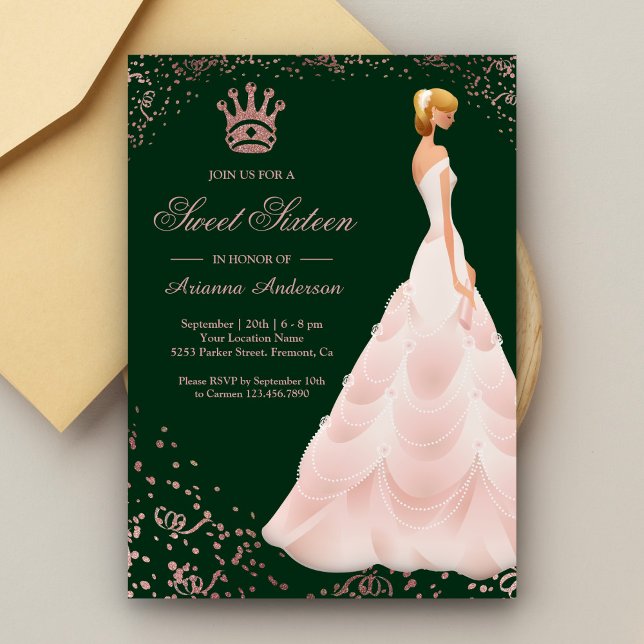 Convites Vestido Princesa Rose Gold Verde Sweet Sixteen (Criador carregado)